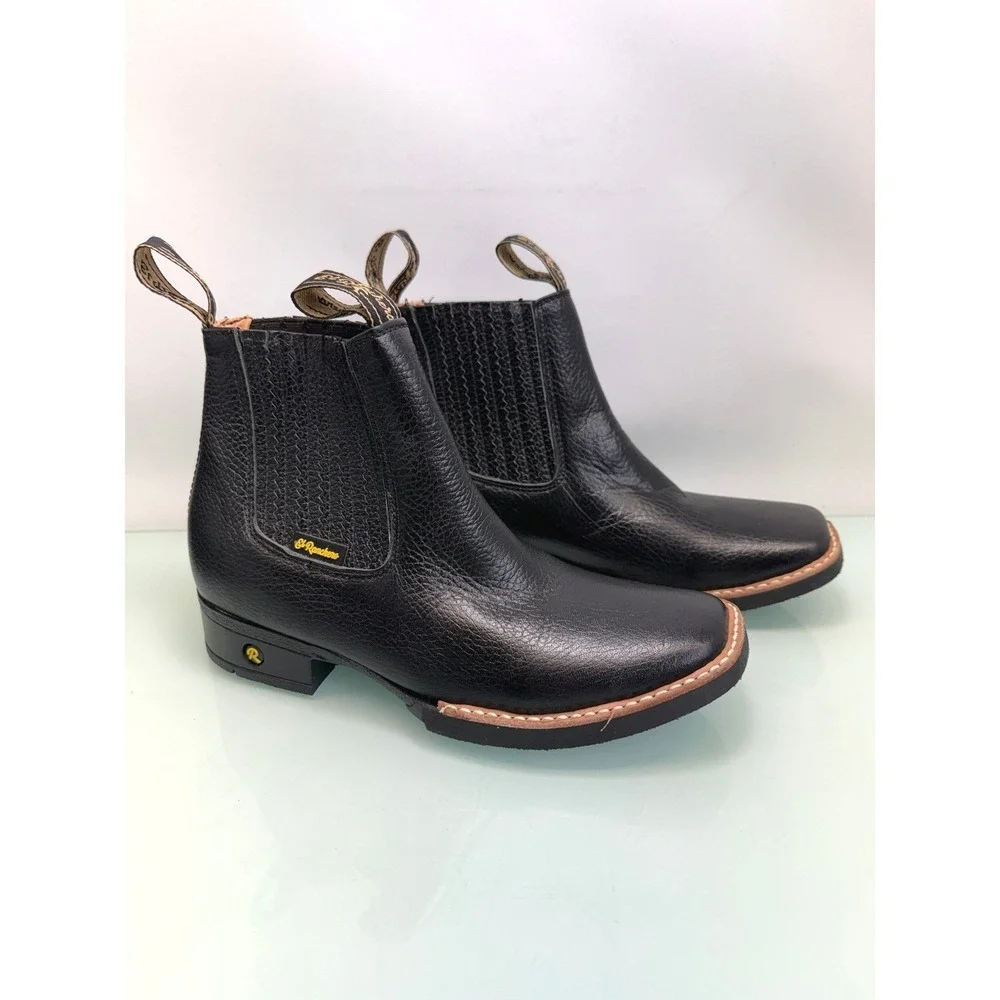 El‎ Ranchero Square Toe Chelsea Ankle Boots Black Leather Western Cowboy Sz 7
